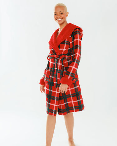 Red Check Fluffy Hooded Dressing Gown
